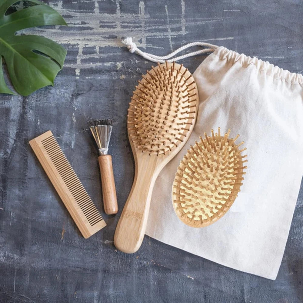 5 Pcs Bamboo Hair Brush Set